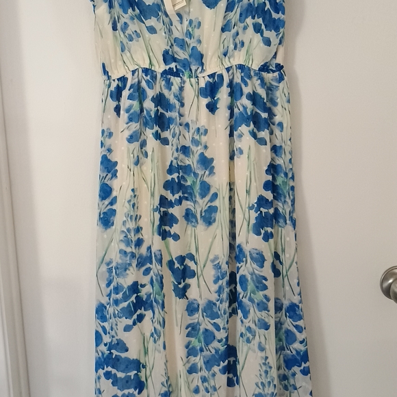 DREAMY Beautiful Goddess Sheer Prom Party Summer Vacation Blue Floral Maxi Dress - Picture 3 of 4